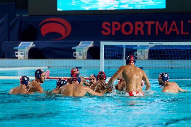 Olympiacos SFP players huddle up ahead of the European Aquatics Men™s Water polo, Wasserball Champions League semi-final (SF2) match between Pro Recco and Olympiacos SFP at the National Pool, Tal-Qroqq, Malta, on 11 June 2026. Pro Recco v Olympiacos SFP - Men™s Water Polo Men Champions League 2026 EA_CL_2026_MLT