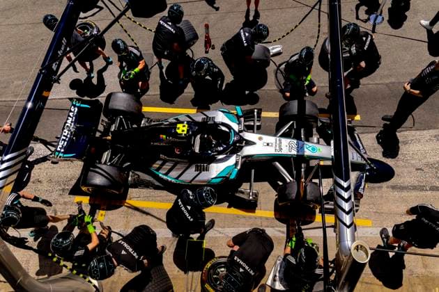 BARCELONA - Practice a pit stop with the car of Formula 1 driver Kimi Antonelli or Mercedes AMG-Petronas Formula One Team during the Formula 1 Spain Catalonia at the Circuit de Barcelona-Catalunya on June 12, 2026 in Barcelona, Spain. (Photo by DeFodi Images) -