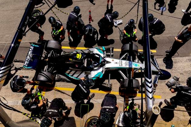 BARCELONA - Practice a pit stop with the car of Formula 1 driver Kimi Antonelli or Mercedes AMG-Petronas Formula One Team during the Formula 1 Spain Catalonia at the Circuit de Barcelona-Catalunya on June 12, 2026 in Barcelona, Spain. (Photo by DeFodi Images) -