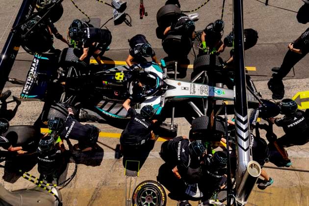 BARCELONA - Practice a pit stop with the car of Formula 1 driver Kimi Antonelli or Mercedes AMG-Petronas Formula One Team during the Formula 1 Spain Catalonia at the Circuit de Barcelona-Catalunya on June 12, 2026 in Barcelona, Spain. (Photo by DeFodi Images) -