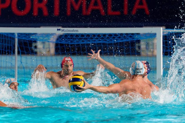 Luke Anthony Pavillard (right) of Pro Recco is in action during the European Aquatics Men™s Water polo, Wasserball Champions League semi-final (SF2) match between Pro Recco and Olympiacos SFP at the National Pool, Tal-Qroqq, Malta, on 11 June 2026. Pro Recco v Olympiacos SFP - Men™s Water Polo Men Champions League 2026 EA_CL_2026_MLT