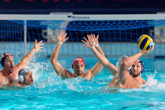 Luke Anthony Pavillard (right) of Pro Recco is in action during the European Aquatics Men™s Water polo, Wasserball Champions League semi-final (SF2) match between Pro Recco and Olympiacos SFP at the National Pool, Tal-Qroqq, Malta, on 11 June 2026. Pro Recco v Olympiacos SFP - Men™s Water Polo Men Champions League 2026 EA_CL_2026_MLT