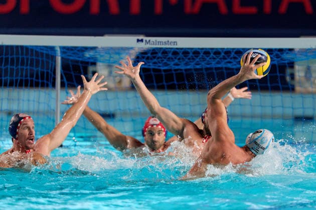 Luke Anthony Pavillard (right) of Pro Recco is in action during the European Aquatics Men™s Water polo, Wasserball Champions League semi-final (SF2) match between Pro Recco and Olympiacos SFP at the National Pool, Tal-Qroqq, Malta, on 11 June 2026. Pro Recco v Olympiacos SFP - Men™s Water Polo Men Champions League 2026 EA_CL_2026_MLT