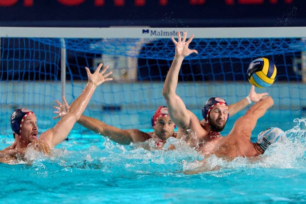 Luke Anthony Pavillard (right) of Pro Recco is in action during the European Aquatics Men™s Water polo, Wasserball Champions League semi-final (SF2) match between Pro Recco and Olympiacos SFP at the National Pool, Tal-Qroqq, Malta, on 11 June 2026. Pro Recco v Olympiacos SFP - Men™s Water Polo Men Champions League 2026 EA_CL_2026_MLT