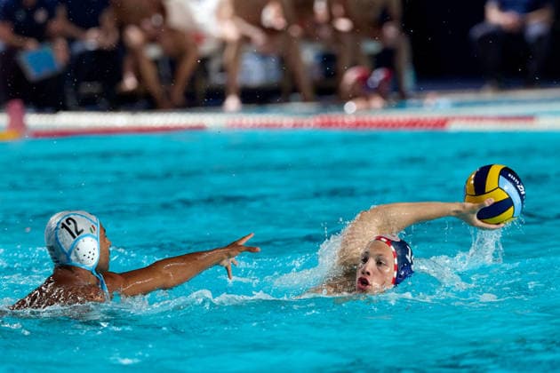 Evangelos Pouros (right) of Olympiacos SFP is in action during the European Aquatics Men™s Water polo, Wasserball Champions League semi-final (SF2) match between Pro Recco and Olympiacos SFP at the National Pool, Tal-Qroqq, Malta, on 11 June 2026. Pro Recco v Olympiacos SFP - Men™s Water Polo Men Champions League 2026 EA_CL_2026_MLT