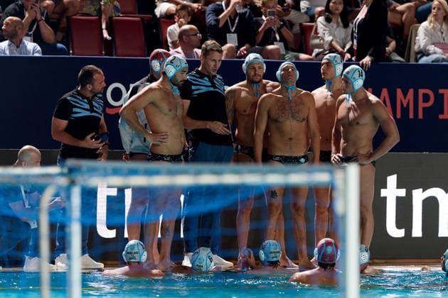 Sandro Sukno, head coach of Pro Recco, gives instructions to his players during a timeout in the European Aquatics Men™s Water polo, Wasserball Champions League semi-final (SF2) match between Pro Recco and Olympiacos SFP at the National Pool, Tal-Qroqq, Malta, on 11 June 2026. Pro Recco v Olympiacos SFP - Men™s Water Polo Men Champions League 2026 EA_CL_2026_MLT