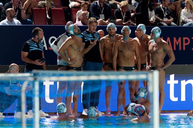 Sandro Sukno, head coach of Pro Recco, gives instructions to his players during a timeout in the European Aquatics Men™s Water polo, Wasserball Champions League semi-final (SF2) match between Pro Recco and Olympiacos SFP at the National Pool, Tal-Qroqq, Malta, on 11 June 2026. Pro Recco v Olympiacos SFP - Men™s Water Polo Men Champions League 2026 EA_CL_2026_MLT