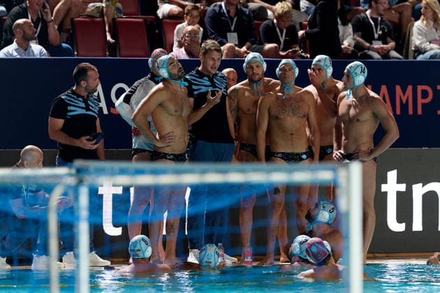 Sandro Sukno, head coach of Pro Recco, gives instructions to his players during a timeout in the European Aquatics Men™s Water polo, Wasserball Champions League semi-final (SF2) match between Pro Recco and Olympiacos SFP at the National Pool, Tal-Qroqq, Malta, on 11 June 2026. Pro Recco v Olympiacos SFP - Men™s Water Polo Men Champions League 2026 EA_CL_2026_MLT