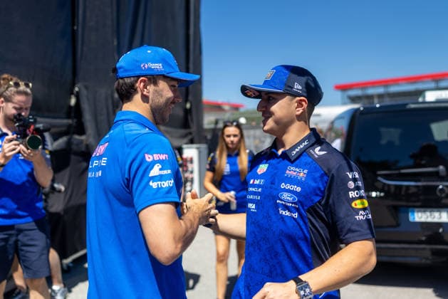 Formula 1 Barcelona Grand Prix 2026 Pierre Gasly (BWT Alpine F1 Team, 10) learns the news about his podium with Isack Hadjar (Oracle Red Bull Racing, 06) on practice day at the Barcelona GP 2026 12 06 2026