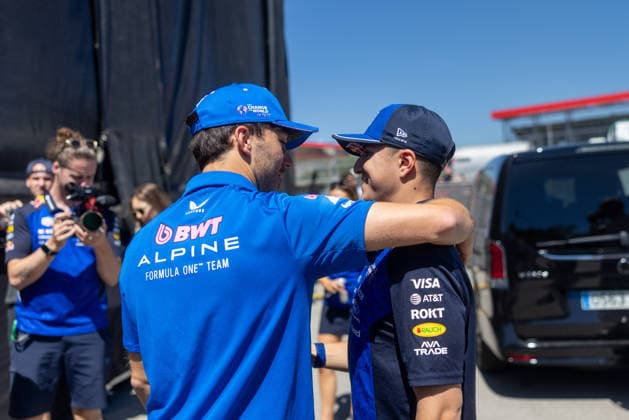 Formula 1 Barcelona Grand Prix 2026 Pierre Gasly (BWT Alpine F1 Team, 10) learns the news about his podium with Isack Hadjar (Oracle Red Bull Racing, 06) on practice day at the Barcelona GP 2026 12 06 2026