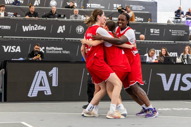 BASKETBALL - FIBA 3x3 World Tour VIENNA,AUSTRIA,12.JUN.26 - BASKETBALL - FIBA 3x3 World Tour. Image shows the rejoicing of AUT.  GEPAxpictures xPhilippxBrem