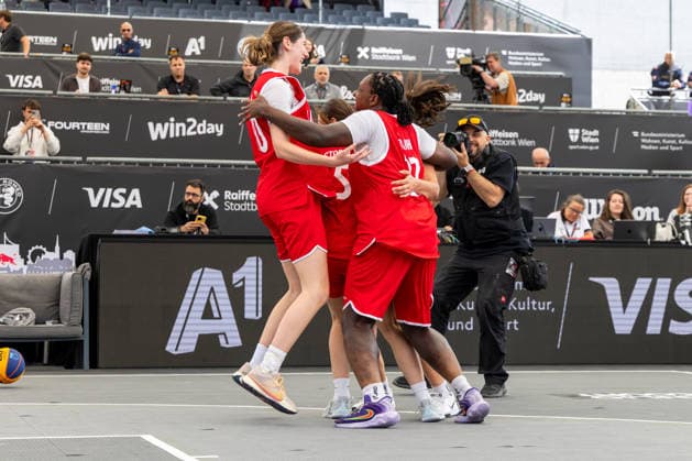 BASKETBALL - FIBA 3x3 World Tour VIENNA,AUSTRIA,12.JUN.26 - BASKETBALL - FIBA 3x3 World Tour. Image shows the rejoicing of AUT.  GEPAxpictures xPhilippxBrem