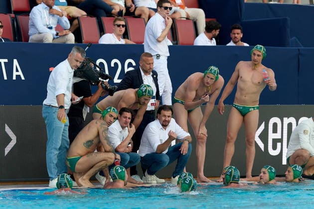 Balazs Nyeki (bottom, centre), head coach of FTC Telekom, gives instructions to his players during the European Aquatics Men™s Water polo, Wasserball Champions League semi-final (SF1) match between Zodiac CNAB and FTC Telekom Waterpolo at the National Pool, Tal-Qroqq, Malta, on 11 June 2026. Zodia CNAB; FTC Telekom Waterpolo; Men Water Polo Men Championships Qualification Round 2025 Group G EA_CL_2026_MLT