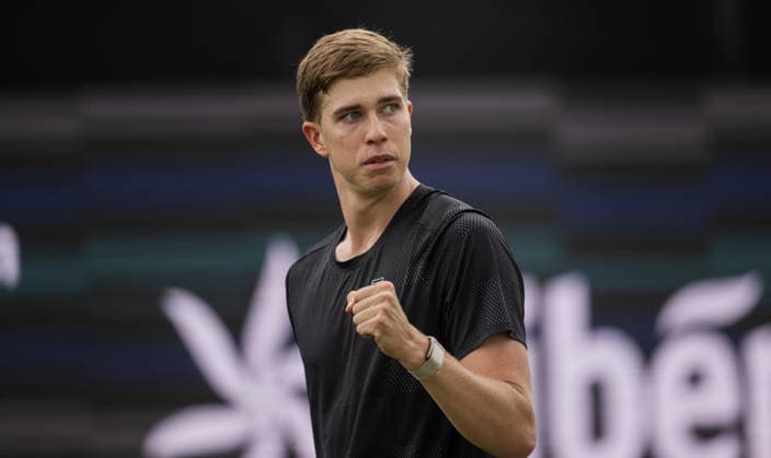 S-HERTOGENBOSCH, NETHERLANDS - JUNE 12: Thijs Boogaard of the Netherlands celebrates a winning shot against Daniil Medvedev during their ATP, Tennis Herren Singles match at the LibÃ ma Open on June 12, 2026 at Autotron s-Hertogenbosch in s-Hertogenbosch, Netherlands. Credit: Andy Astfalck NurPhoto Netherlands Copyright: xAndyxAstfalckx