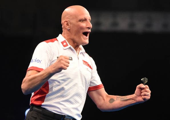 12.06.2026, xhbx, Dart World Cup of Darts 2025, v.l. Marcel Walpen (Schweiz) (DFL DFB REGULATIONS PROHIBIT ANY USE OF PHOTOGRAPHS as IMAGE SEQUENCES and or QUASI-VIDEO) Frankfurt