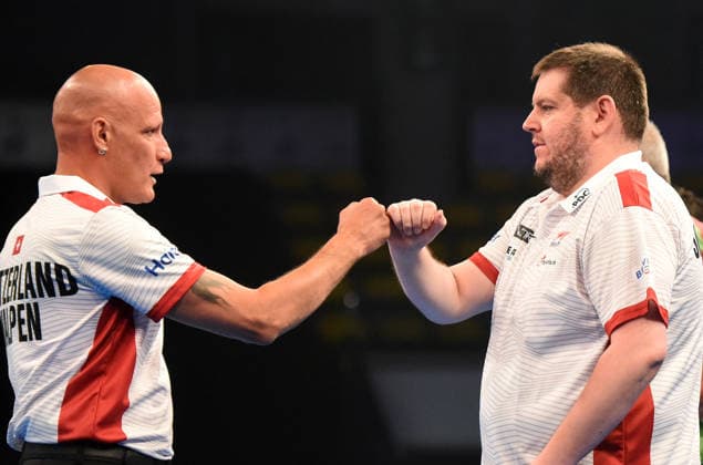 12.06.2026, xhbx, Dart World Cup of Darts 2026, v.l. Marcel Walpen (Schweiz), Stefan Bellmont (Schweiz) (DFL DFB REGULATIONS PROHIBIT ANY USE OF PHOTOGRAPHS as IMAGE SEQUENCES and or QUASI-VIDEO) Frankfurt