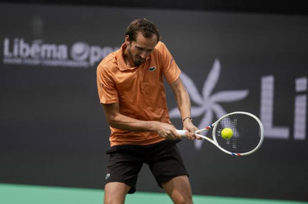 S-HERTOGENBOSCH, NETHERLANDS - JUNE 12: Daniil Medvedev plays a backhand against Thijs Boogaard of the Netherlands during their ATP, Tennis Herren Singles match at the LibÃ ma Open on June 12, 2026 at Autotron s-Hertogenbosch in s-Hertogenbosch, Netherlands. Credit: Andy Astfalck NurPhoto Netherlands Copyright: xAndyxAstfalckx