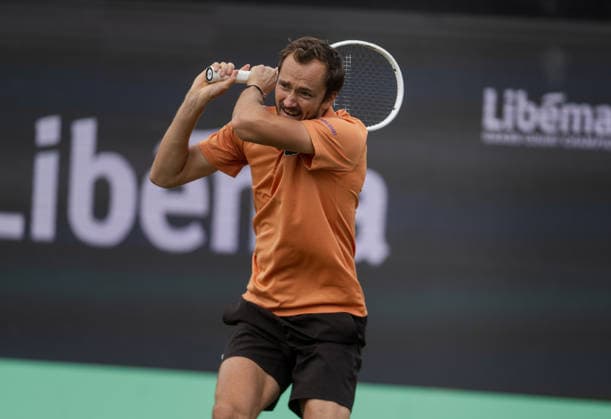 S-HERTOGENBOSCH, NETHERLANDS - JUNE 12: Daniil Medvedev plays a forehand against Thijs Boogaard of the Netherlands during their ATP, Tennis Herren Singles match at the LibÃ ma Open on June 12, 2026 at Autotron s-Hertogenbosch in s-Hertogenbosch, Netherlands. Credit: Andy Astfalck NurPhoto Netherlands Copyright: xAndyxAstfalckx