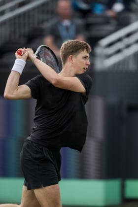 S-HERTOGENBOSCH, NETHERLANDS - JUNE 12: Thijs Boogaard of the Netherlands plays a backhand against Daniil Medvedev during their ATP, Tennis Herren Singles match at the LibÃ ma Open on June 12, 2026 at Autotron s-Hertogenbosch in s-Hertogenbosch, Netherlands. Credit: Andy Astfalck NurPhoto Netherlands Copyright: xAndyxAstfalckx