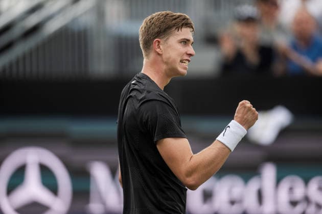S-HERTOGENBOSCH, NETHERLANDS - JUNE 12: Thijs Boogaard of the Netherlands celebrates a winning shot against Daniil Medvedev during their ATP, Tennis Herren Singles match at the LibÃ ma Open on June 12, 2026 at Autotron s-Hertogenbosch in s-Hertogenbosch, Netherlands. Credit: Andy Astfalck NurPhoto Netherlands Copyright: xAndyxAstfalckx