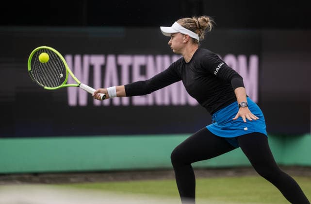 S-HERTOGENBOSCH, NETHERLANDS - JUNE 12: Barbora Krejcikova of the Czech Republic plays a forehand against Elena-Gabriela Ruse of Romania during their WTA, Tennis Damen Singles match at the LibÃ ma Open on June 12, 2026 at Autotron s-Hertogenbosch in s-Hertogenbosch, Netherlands. Credit: Andy Astfalck NurPhoto Netherlands Copyright: xAndyxAstfalckx