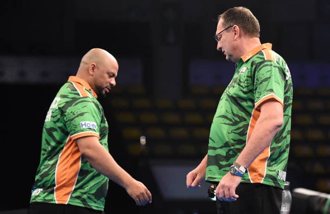 12.06.2026, xhbx, Dart World Cup of Darts 2026, v.l. Devon Petersen (Südafrika), Graham Filby (Südafrika) (DFL DFB REGULATIONS PROHIBIT ANY USE OF PHOTOGRAPHS as IMAGE SEQUENCES and or QUASI-VIDEO) Frankfurt