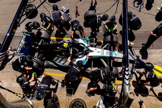 BARCELONA - Practicing the pit stop with the car of Formula 1 driver Kimi Antonelli or Mercedes AMG-Petronas Formula One Team during the Formula 1 Spain-Catalonia at the Circuit de Barcelona-Catalunya on June 12, 2026 in Barcelona, Spain. (Photo by DeFodi Images) -