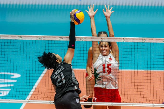 (260612) -- ILOCOS SUR PROVINCE, June 12, 2026 -- Azzahra Dwi Febyane (Front L) of Indonesia competes against Shantalle Marie Demirjian (Back C) of Lebanon during the pool B volleyball match between Indonesia and Lebanon at the 2026 AVC Women s Cup in Ilocos Sur Province, the Philippines, June 12, 2026. ) (SP)PHILIPPINES-ILOCOS SUR PROVINCE-VOLLEYBALL-AVC WOMEN S CUP RouellexUmali 