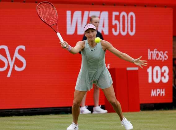 RECORD DATE NOT STATED 12th June 2026; HSBC Championships, Queens Club, West Kensington, London, England; HSBC Championships Tennis, Day Three; Tatjana Maria (GER) plays a forehand shot against Elena Rybakina (UZB) HongboxChen