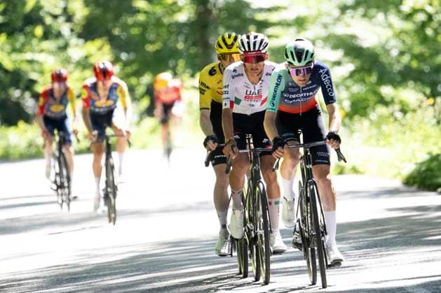 Tour Auvergne - Rhone-Alpes 2026 Stage 6 CREST-VOLAND, FRANCE - JUNE 12 : Seixas Paul (FRA) of Decathlon CMA CGM Team, Del Toro Isaac (MEX) of UAE Team Emirates - XRG, Jorgenson Matteo (USA) of Team Visma Lease a Bike during stage 6 of the 78th edition of Tour Auvergne - Rhone-Alpes an UCI World Tour 2.UWT cycling road race stage for Men Elite of 182.3 km with start in Saint-Vulbas and finish in Crest-Voland on June 12, 2026 in Crest-Voland, France, 12 06 2026 ( Motordriver Guy De Vuyst - Crest-Voland France  Copyright: xVincentxKalutx