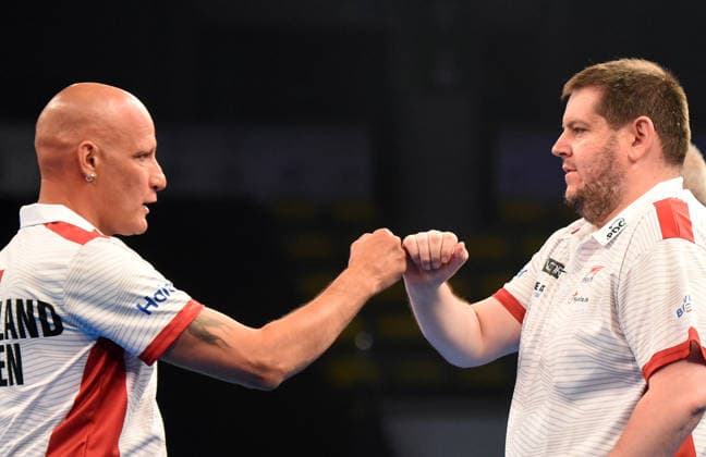 12.06.2026, xhbx, Dart World Cup of Darts 2026, v.l. Marcel Walpen (Schweiz), Stefan Bellmont (Schweiz) (DFL DFB REGULATIONS PROHIBIT ANY USE OF PHOTOGRAPHS as IMAGE SEQUENCES and or QUASI-VIDEO) Frankfurt