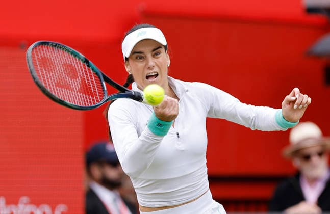 RECORD DATE NOT STATED 12th June 2026; HSBC Championships, Queens Club, West Kensington, London, England; HSBC Championships Tennis, Day Three; Sorana Cirstea (ROU) plays a forehand shot against Emma Raducanu (GBR) HongboxChen