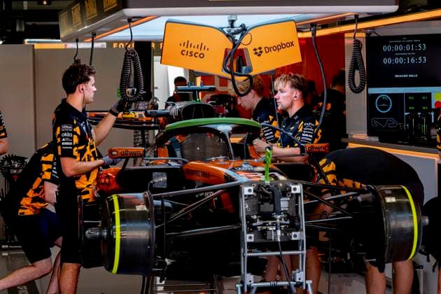 BARCELONA - Mechanics at work on the car of Formula 1 driver Oscar Piastri of McLaren Mastercard Formula 1 Team during the Formula 1 Spain-Catalonia at the Circuit de Barcelona-Catalunya on June 12, 2026 in Barcelona, Spain. (Photo by DeFodi Images) -