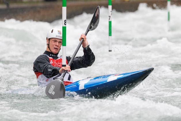 Michele Pistoni (ITA) bei ICF CANOE SLALOM WORLD CUP, Kanusport, Männer, Kajak, 2026, am 12.06.2026 in Augsburg, Eiskanal. Bayern Deutschland
