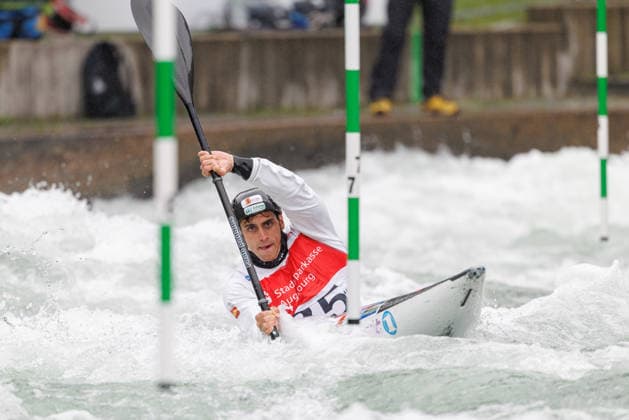 David Llorente (ESP) bei ICF CANOE SLALOM WORLD CUP, Kanusport, Männer, Kajak, 2026, am 12.06.2026 in Augsburg, Eiskanal. Bayern Deutschland
