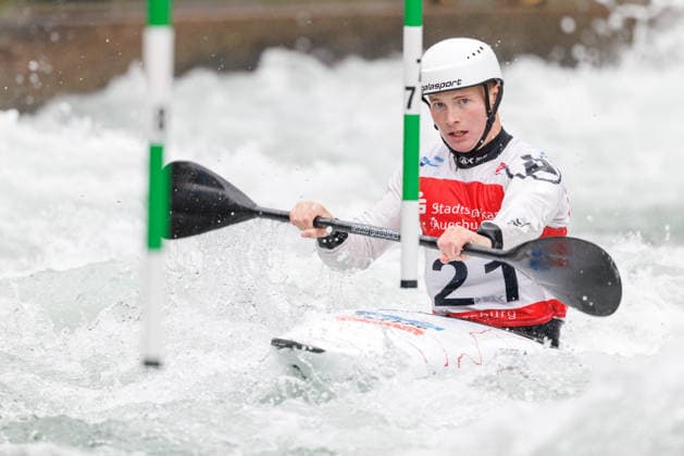 Sam Leaver (GBR) bei ICF CANOE SLALOM WORLD CUP, Kanusport, Männer, Kajak, 2026, am 12.06.2026 in Augsburg, Eiskanal. Bayern Deutschland