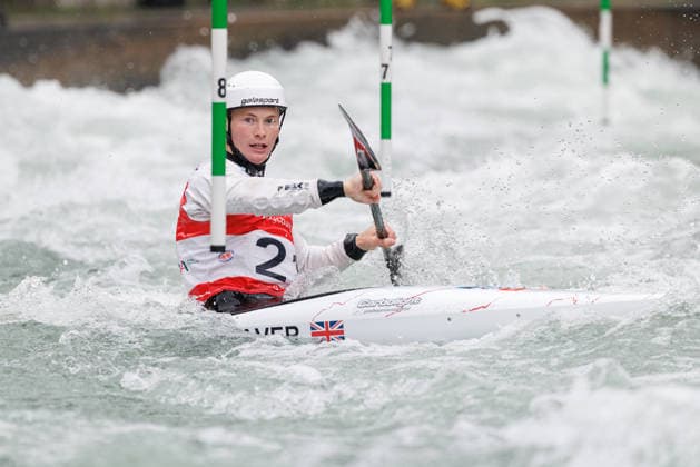 Sam Leaver (GBR) bei ICF CANOE SLALOM WORLD CUP, Kanusport, Männer, Kajak, 2026, am 12.06.2026 in Augsburg, Eiskanal. Bayern Deutschland