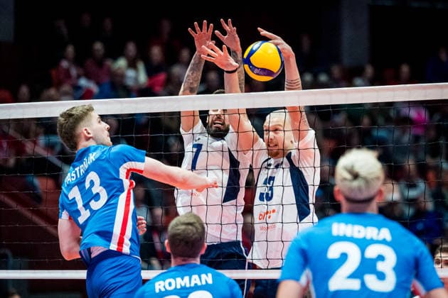 L-R Adnan Bjelopoljak, Alan Causevic (both BIH) in action during the European Volleyball League match Bosnia and Herzegovina vs. Czech Republic, in Jihlava, June 12, 2026. (CTKxPhoto JaroslavxSvoboda) CTKPhotoP2026061207129  CTKPhotoP2026061207129