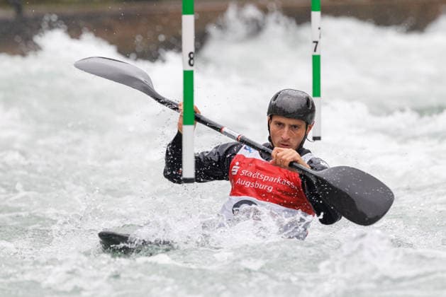 Noah Hegge (GER) bei ICF CANOE SLALOM WORLD CUP, Kanusport, Männer, Kajak, 2026, am 12.06.2026 in Augsburg, Eiskanal. Bayern Deutschland