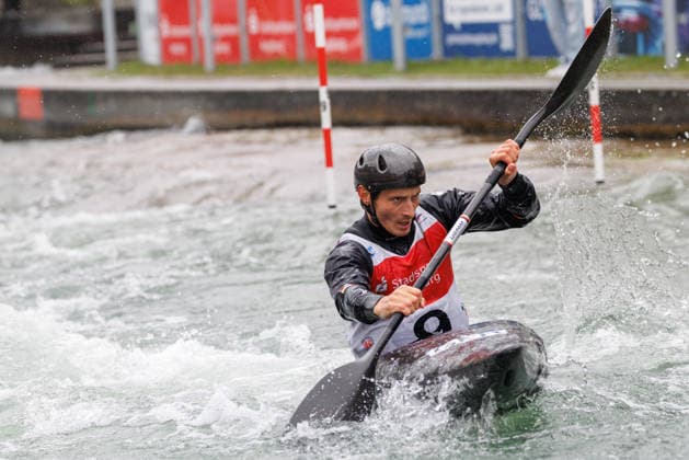 Noah Hegge (GER) bei ICF CANOE SLALOM WORLD CUP, Kanusport, Männer, Kajak, 2026, am 12.06.2026 in Augsburg, Eiskanal. Bayern Deutschland
