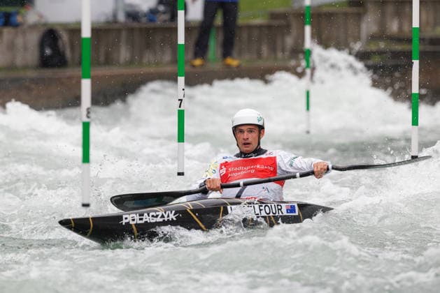 Lucien Delfour (AUS) bei ICF CANOE SLALOM WORLD CUP, Kanusport, Männer, Kajak, 2026, am 12.06.2026 in Augsburg, Eiskanal. Bayern Deutschland