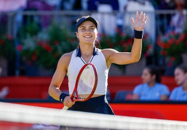 RECORD DATE NOT STATED 12th June 2026; HSBC Championships, Queens Club, West Kensington, London, England; HSBC Championships Tennis, Day Three; Iva Jovic (USA) celebrates her win over Amanda Anisimova (USA) HongboxChen