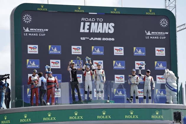 AUTO - ROAD TO LE MANS 2026 12 ROGEON Arthur (fra), RABER August (uae), Brutal Fish by Campos MLMC, Ligier JS P325 - Toyota, 20 LINDBERG Philip (den), RIED Lenny (ger), High Class Racing MLMC, Ligier JS P325 - Toyota, 19 RYBA Matus (svk), FLUXÃÄ CROSS Lucas (esp), Brutal Fish by Campos MLMC, Ligier JS P325 - Toyota, podium portrait during the Road to Le Mans 2026, 3rd round of the 2026 Michelin Le Mans Cup, from June 10 to 12, 2026 on the Circuit des 24 Heures du Mans in Le Mans, France - Le MansFrance  Copyright: xPauloxMariax