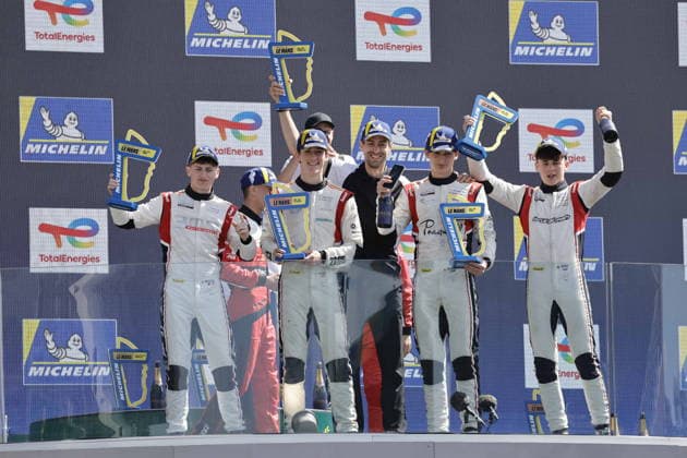AUTO - ROAD TO LE MANS 2026 12 ROGEON Arthur (fra), RABER August (uae), Brutal Fish by Campos MLMC, Ligier JS P325 - Toyota, 20 LINDBERG Philip (den), RIED Lenny (ger), High Class Racing MLMC, Ligier JS P325 - Toyota, 19 RYBA Matus (svk), FLUXÃÄ CROSS Lucas (esp), Brutal Fish by Campos MLMC, Ligier JS P325 - Toyota, podium portrait during the Road to Le Mans 2026, 3rd round of the 2026 Michelin Le Mans Cup, from June 10 to 12, 2026 on the Circuit des 24 Heures du Mans in Le Mans, France - Le MansFrance  Copyright: xPauloxMariax