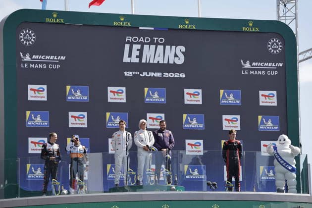 AUTO - ROAD TO LE MANS 2026 98 DE DONCKER Eric (bel), HENRION Gillian (fra), Motorsport98 MLMC, Ligier JS P325 - Toyota, 03 RAMMO Antti (est), ANTONEL Quentin (fra), DKR Engineering, Ligier JS P325 - Toyota, 66 PARROW Steve (aut), PEDERSEN Mikkel Gaarde (den), Rinaldi Racing MLMC, Ligier JS P325 - Toyota, podium portrait during the Road to Le Mans 2026, 3rd round of the 2026 Michelin Le Mans Cup, from June 10 to 12, 2026 on the Circuit des 24 Heures du Mans in Le Mans, France - Le MansFrance  Copyright: xPauloxMariax