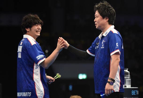 12.06.2026, xhbx, Dart World Cup of Darts 2026, v.l. Motomu Sakai (Japan), Haruki Muramatsu (Japan) (DFL DFB REGULATIONS PROHIBIT ANY USE OF PHOTOGRAPHS as IMAGE SEQUENCES and or QUASI-VIDEO) Frankfurt