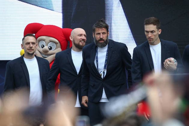 12.06.2026, xtgx,Handball, EHF Champions League, Opening Party v.l. Torwarttrainer Dino Spiranec, Yves Grafenhorst (Magdeburg, Co-Trainer) Bennet Wiegert (Magdeburg, Trainer), Nikola Portner (Magdeburg, 80) Koeln
