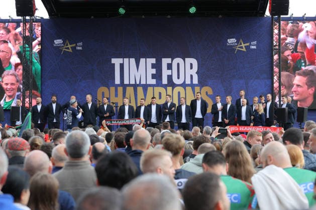 12.06.2026, xtgx,Handball, EHF Champions League, Opening Party v.l. Mannschaft des SC Magdeburg Koeln
