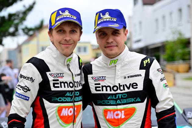 Agrotec Rally Hustopece, treti zavod mistrovstvi Ceske republiky v automobilovych soutezich, 12. cervna 2026, Kurdejov, Breclavsko. Posadka Dominik Stritesky (vpravo) a Ondrej Krajca s vozidlem Skoda Fabia RS Rally2. (CTKxPhoto VaclavxSalek) CTKPhotoP2026061207902  CTKPhotoP2026061207902