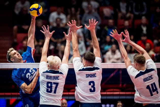 L-R Patrik Indra (CZE) and Jovo Bijelovic, Amar Spahic and Hasan Hadzic (all BIH) in action during the European Volleyball League match Bosnia and Herzegovina vs. Czech Republic, in Jihlava, June 12, 2026. (CTKxPhoto JaroslavxSvoboda) CTKPhotoP2026061207859  CTKPhotoP2026061207859